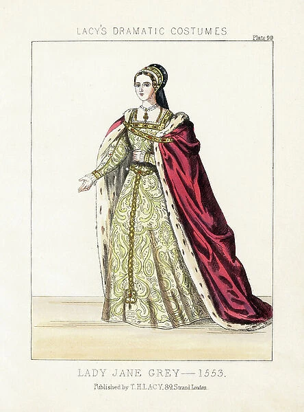 Lady Jane (Jeanne) Grey (1537-1554) (nicknamed 'the queen of nine days'), 1553. She wears a crimson velvet cape lined with ermine, brocade dress, necklace, girdle and headdress