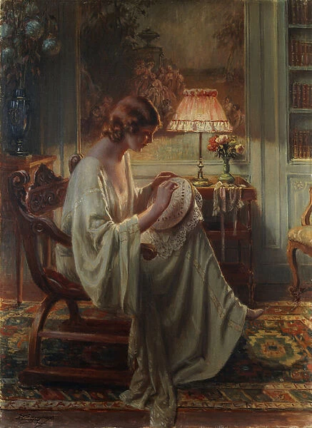 A Lady Sewing in an Interior, (oil on canvas)