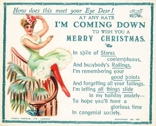 Lady sliding down bannister, Christmas Card (chromolitho)