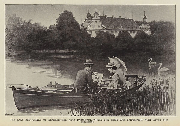 The lake and castle of Kranichstein, near Darmstadt, where the bride and bridegroom went after the ceremony (litho)