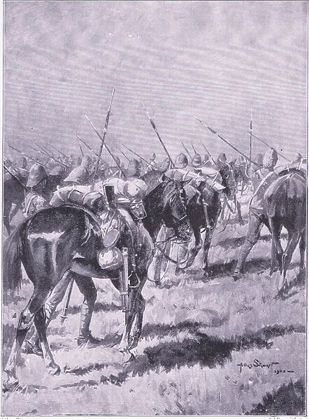How the Lancers saved their horses by marching dismounted, illustration from After Pretoria: The Guerilla War, 1902 (litho)