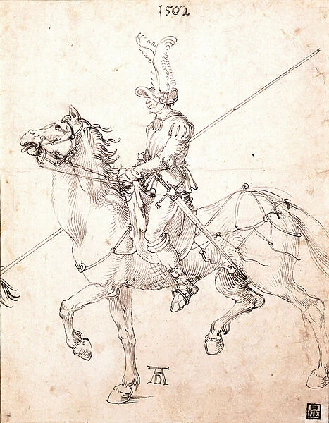 Lancier a cheval - Dessin de Albrecht Durer (1471-1528), 1502 - Lancer on Horseback - Pen, brown Indian ink on paper by Albrecht Durer (1471-1528), 1502 - 27, 2x21, 5 cm - Szepmuveszeti Muzeum, Budapest