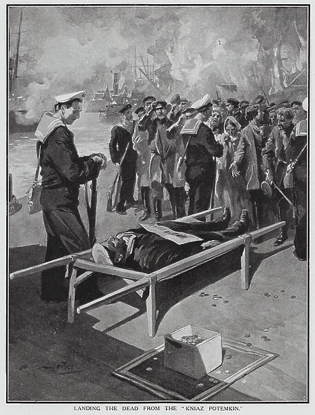 Landing the dead from the Russian battleship Potemkin, 1905 (litho)