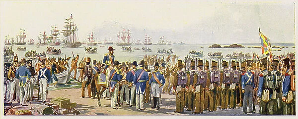 Landing at Mindelo, Portugal, 1832 (colour litho)
