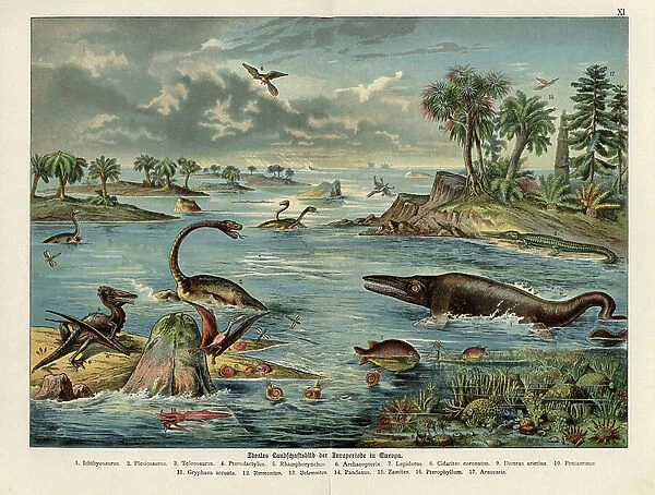 Landscape of Europe in the Jurassic era, with animal species - Chromolithography of Geology and Paleontology by Friedrich Rolle (1827-1887), extract from Natural History by Gotthilf Heinrich von Schubert (1780-1860)
