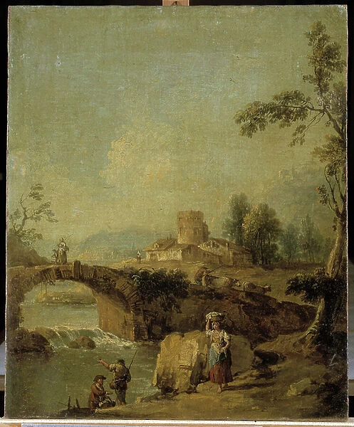 Landscape with peasant and bridge has the countryside. Painting by Giuseppe Zais (1709-1789). Accademia dei Concordi, Rovigo