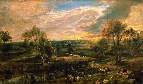 A Landscape with a Shepherd and his Flock, c. 1638 (oil on oak)