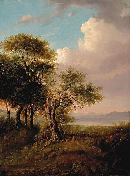 Landscape, Trees in the Foreground, Lake and Hills in the Distance (oil on canvas)