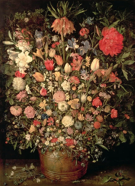 Large bouquet of flowers in a wooden tub, 1606-07, (oil on canvas)