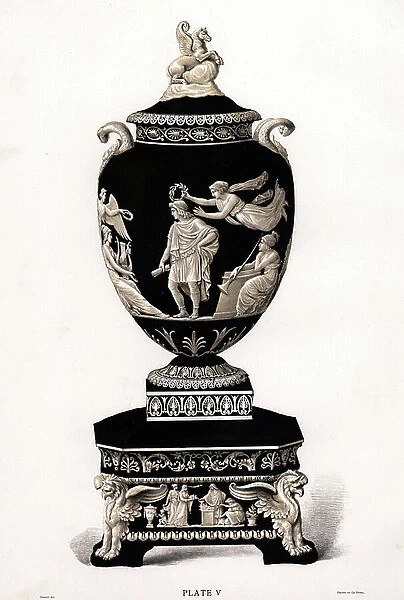 Large Homeric vase and pedestal. Chromolithograph drawn by Grivell and lithographed by Parrot et Co. from Frederick Rathone's Old Wedgwood, the Decorative or Artistic Ceramic Work Produced by Josiah Wedgwood, Quaritch, London, 1898