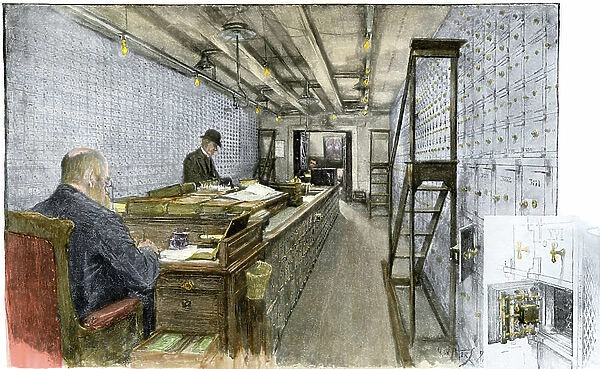 Large room of a bank with safes, 1890 years