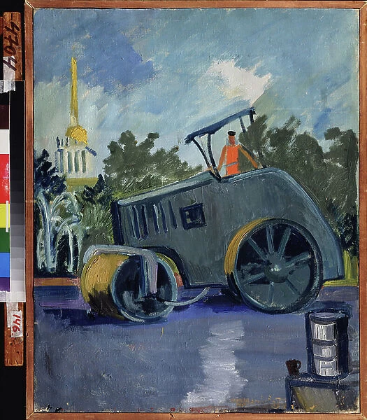 L'asphaltage. (Une machine depose l'asphalte dans une rue). Peinture de Alexander Isaakovich Rusakov (1898-1952), huile sur toile, 1934. Art russe, 20e siecle, propagande sovietique. Regional A. Deineka Art Gallery, Koursk (Russie)