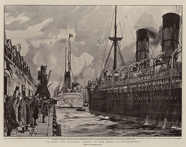 At Last, the 'Aurania'coming to her Berth at Southampton (litho)