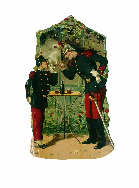 late 19th century, French chromolithograph, depicting two soldiers smoking cigars