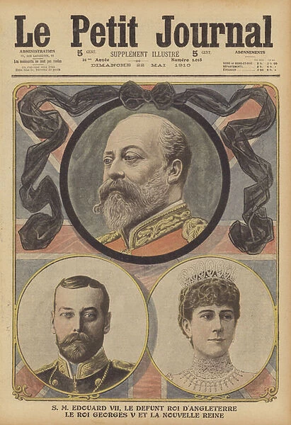 The late King Edward VII, and his successor King George V and Queen Mary (colour litho)