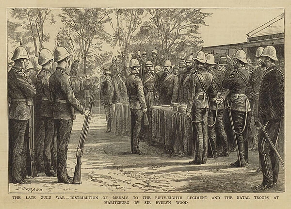The Late Zulu War, Distribution of Medals to the Fifty-Eighth Regiment and the Natal Troops at Maritzburg by Sir Evelyn Wood (engraving)