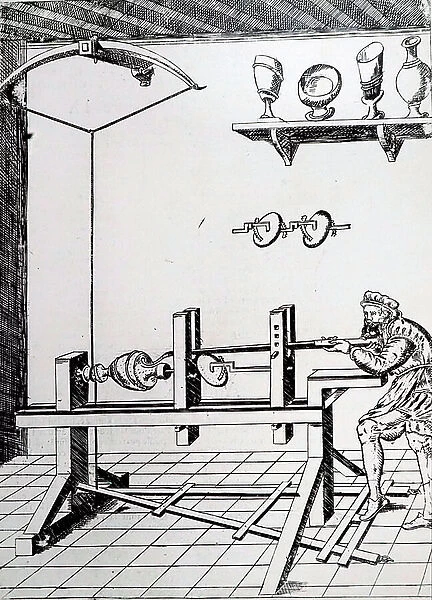 A Lathe using a spring bow and device to allow eccentric turning, 16th century