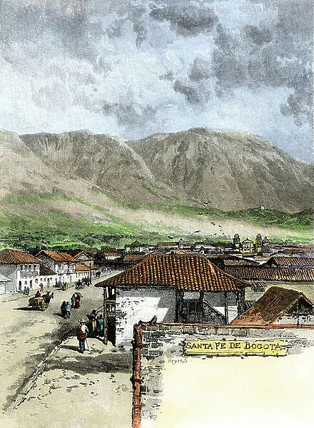 Latin America. Bogota Street, Colombia, 19th century. In the background: mountain of the Andes Colouring engraving of the 19th century