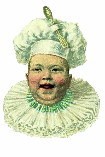 Laughing baby's face with cook's hat and spoon. 19th century chromolithography
