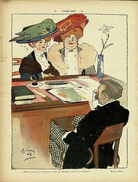 The Laughter, Satirical in Colors, 1908_11_28: Flipcharts - Fashion, Hat, Administration, Flowers - Illustration by Andre Wely (1873-1910)