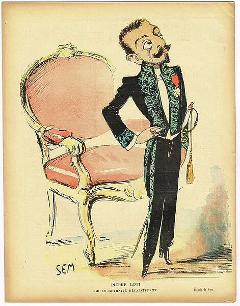 The Laughter, Satirical in Colours, 1898_7_16: Pierre Loti or the recalcitrant retreat - Literature, French Academy, Armchair (symbol of power) - Loti Pierre (1850-1923) Illustration by Sem (1863-1934)