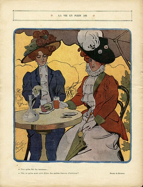 Laughter, Satirical in Colours, 1908_12_5: Outdoor life - Restaurant Cafes, Fashion, Hat, Life of the rich - Women - Illustration by Leonce Burret (1865-1915)