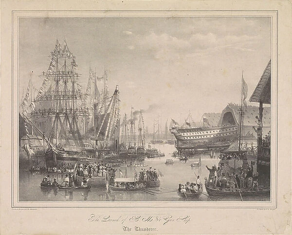 The launch of 84-gun ship HMS Thunderer at Woolwich Dockyard, 1831 (lithograph)