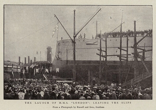 The Launch of H Ms 'London', leaving the Slips (b  /  w photo)