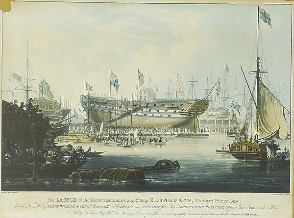 The Launch of the Honourable East India Company's Ship Edinburgh from the dock yard of Messrs Wigrams & Green Blackwall with a view of the ship Abercrombie Robinson on the stocks, 1827 (aquatint, coloured)