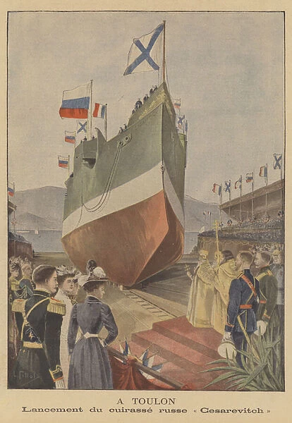 Launch of the Russian battleship Tsesarevich at Toulon (colour litho)