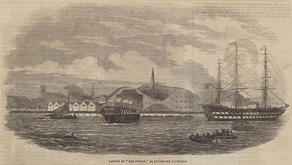 Launch of 'The Phoebe, 'at Devonport Dockyard (engraving)