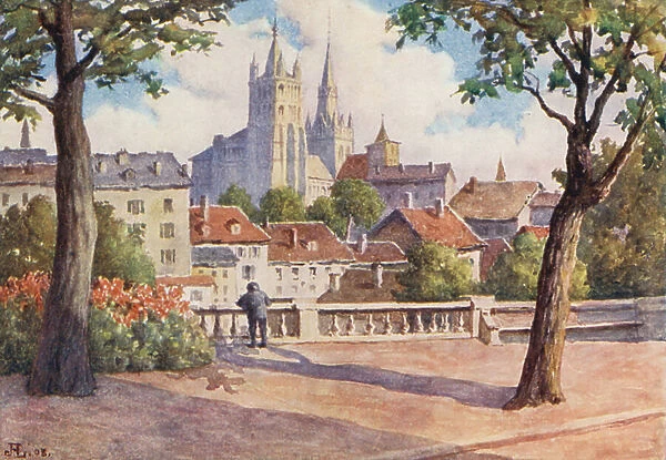 Lausanne Cathedral from Montbenon (colour litho)
