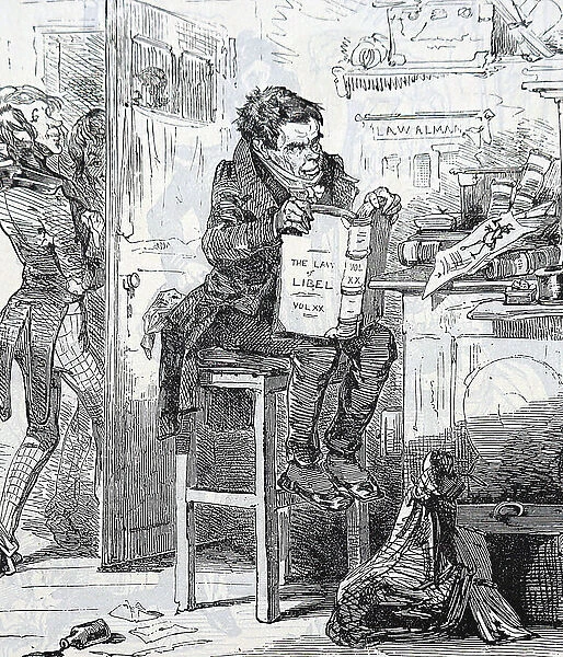Lawyer depicted reading a book on Libel Law, 1842