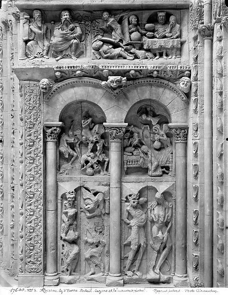 Lazarus and the Rich Man, from the south portal, c. 1130 (stone) (b  /  w photo)
