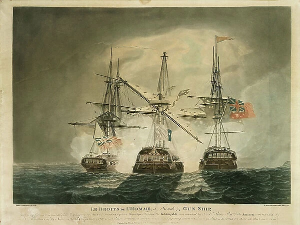 Le Droits de L'Homme, a French 74 gun ship, ... attacked by his Majesty's frigates the Indefatigable & the Amazon on the 13th & 14th January 1797, 1798 (aquatint)