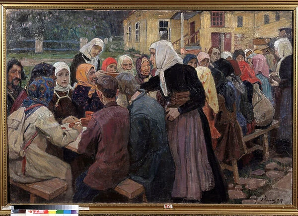 Le repas (The Meal). Une longue table dressee dans le jardin, pour servir un dejeuner a une foule de personnes, les femmes de services sont coiffees de fichus blancs. Peinture de Alexei Mikhaylovich Korin (Korine) (1865-1923), huile sur toile, 1917