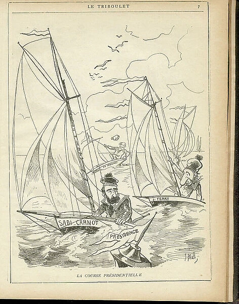 Le Triboulet, 1887_12_11 - Illustration by Pierre-Albert Douat BlassJ. (1847-1892): The Presidential Race - Elections, President of the Republic, Maritime Marine Nautique Balneaire, Yachting - Ferry Jules (1837-1894), Carnot Sadi