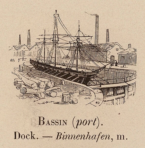 Le Vocabulaire Illustre: Bassin (port); Dock; Binnenhafen (engraving)