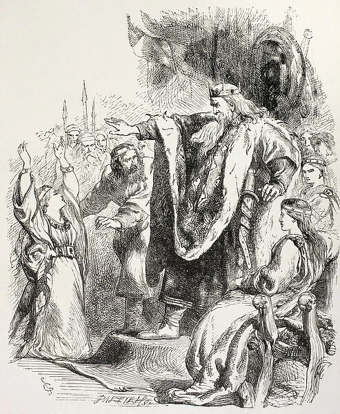 Lear believes Cordelia does not love him and banishes her, illustration from King Lear