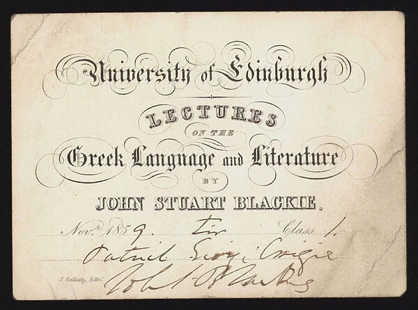 Lectures on the Greek language and literature by John Stuart Blackie, Edinburgh University, 1859 (litho)