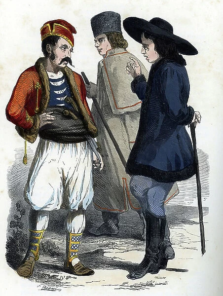 From left to right, a serbian, a croatian and a german engraving from ' La Hungary historique' 1851