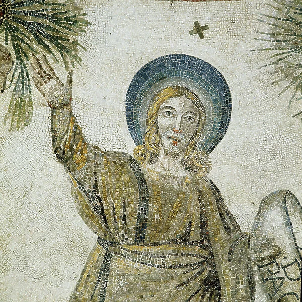 Legis tradition. Detail of Christ. Representation of the law in the form of Christ the Redeemer of Peace. Mosaic from the 5th century. Chiesa Santa Costanza, Basilica di Sant'Agnese, Rome