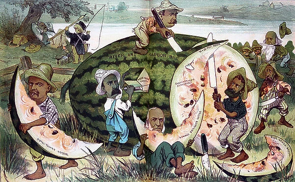 Several legislators slicing up a large watermelon, 1882