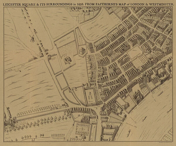 Leicester Square and its surroundings in 1658 (engraving)