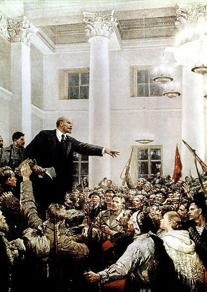 Lenin anouncing decree on the land at soviet congress on november 8, 1917, c.1920 (illustration)