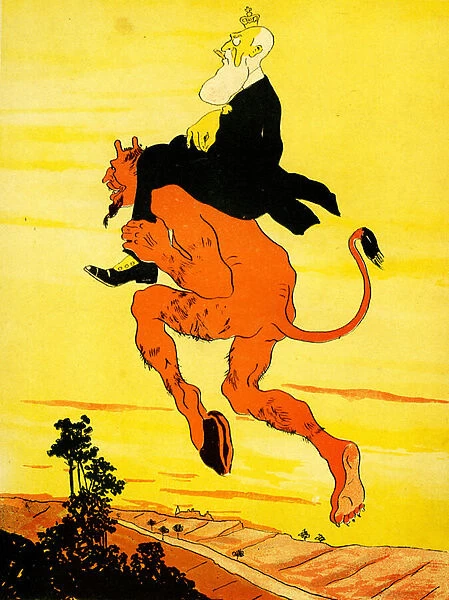 Leopold II riding on the devils shoulders, 1904. (litho)