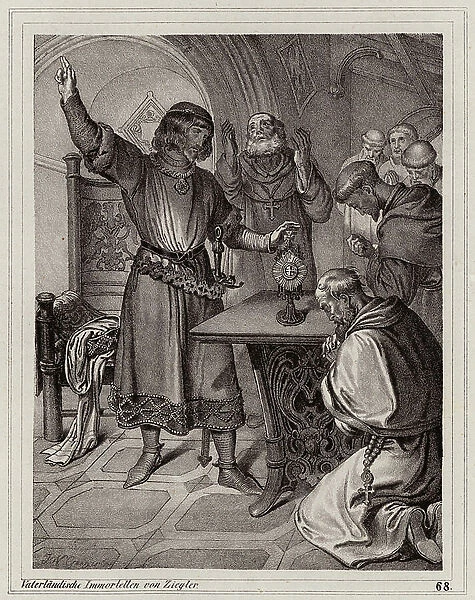 Leopold V of Austria presenting the monks of Heiligenkreuz Abbey with a relic of the True Cross, 1188 (engraving)