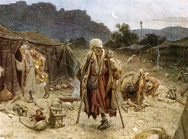 The four lepers looting the camp of the Syrians. - Bible