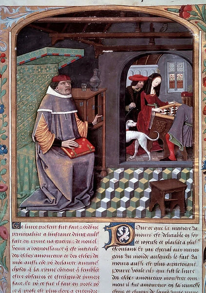Les Chess amoureux, composed in prose by Evrart de Conty (1330? -1405), manuscript enluminated by the material of Antoine Rollin: frontispiece representing the author and 'Marguerite d Angouleme