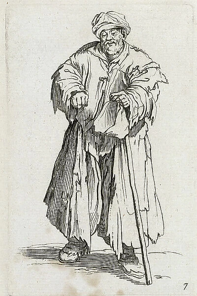 Les GUEUX - Le beggar obese aux yeux baisses. engraving from 1632 a l'eau forte by Jacques Callot (1592-1635), Dim en cm 13, 9x8, 7 Collection privee